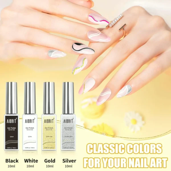 Nail Design Polish Set 10ml, Four Shades: Black, Light, Golden, Silver