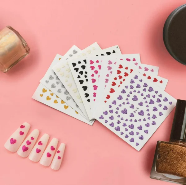 16 Pages Love Nail Art Decals, 8 Color Glitter