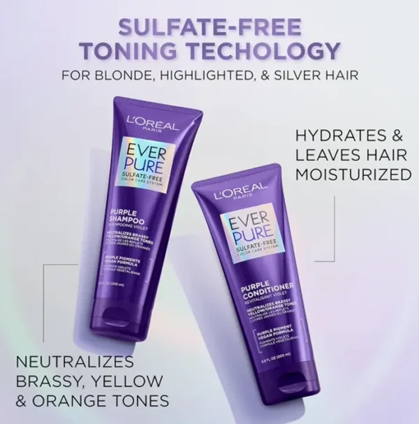 L’Oréal Paris Sulfate-Free Brass Tint Purple Shampoo  Light Locks, Gray or Streaked Locks - 6.8 Fl Oz