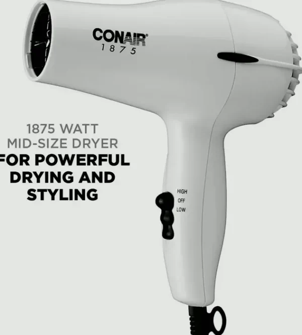 Conair Brand Hair Dryer, 1875W Medium Hair Dryer, White Color