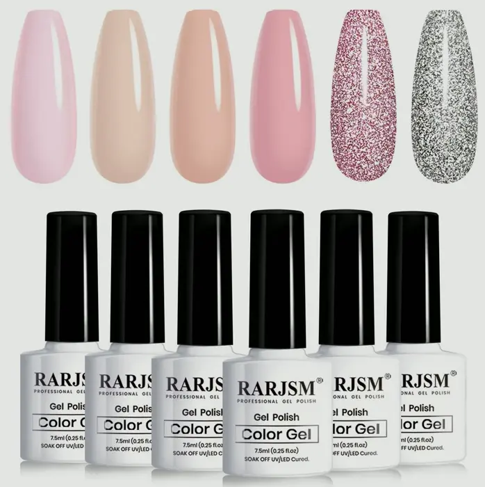 Nude Gel Lacquer Kit: 6 Sheer Shades with Silver Pink Glitter - 7.5ml