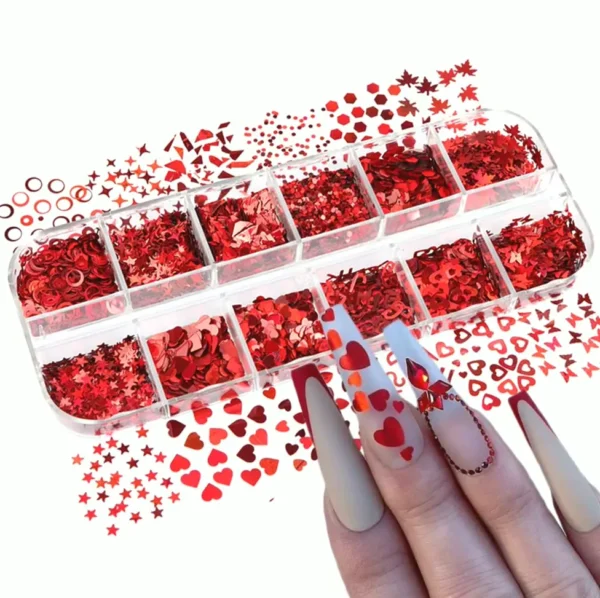 Holographic Love Nail Art Glitter Flakes, Valentine's Nail Paillettes Decorations