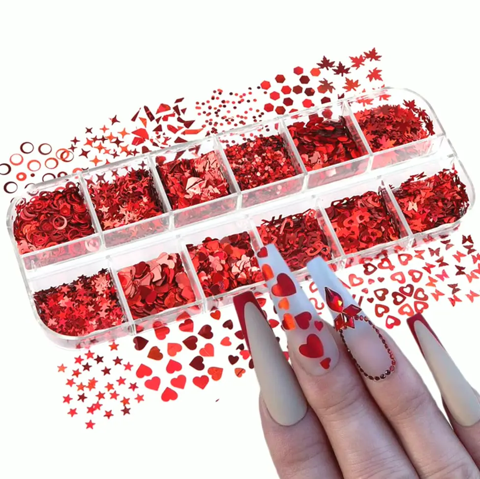 Holographic Love Nail Art Glitter Flakes, Valentine's Nail Paillettes Decorations