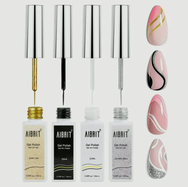 Nail Design Polish Set 10ml, Four Shades: Black, Light, Golden, Silver
