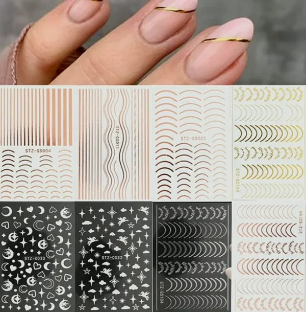 3D Stripes Nail Art Decals Metallic 8 Sheets Self-Sticking