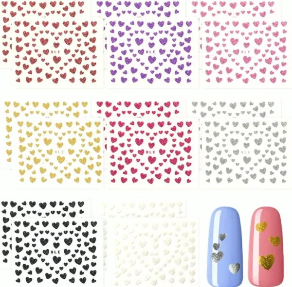 16 Pages Love Nail Art Decals, 8 Color Glitter