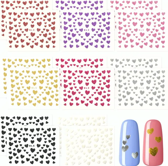 16 Pages Love Nail Art Decals, 8 Color Glitter